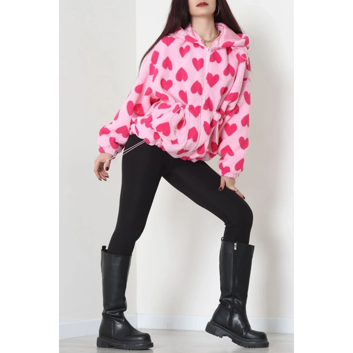 Kapüşonlu Kalpli Peluş Mont Pembe - 31482.1247.