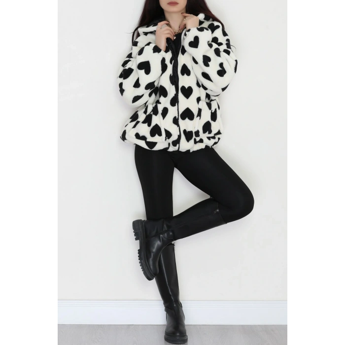 Kapüşonlu Kalpli Peluş Mont Siyah - 31482.1247.