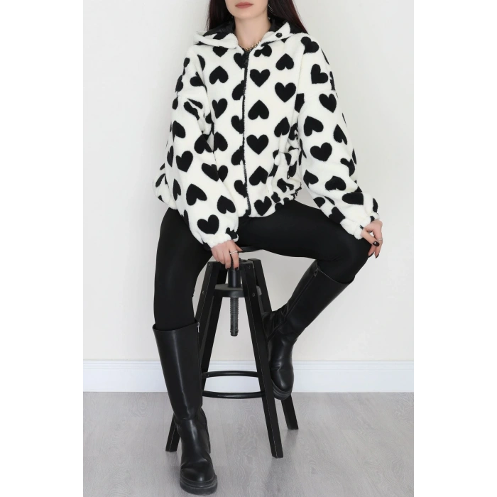 Kapüşonlu Kalpli Peluş Mont Siyah - 31482.1247.