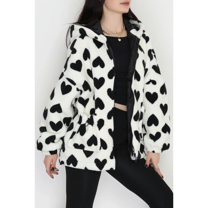 Kapüşonlu Kalpli Peluş Mont Siyah - 31482.1247.