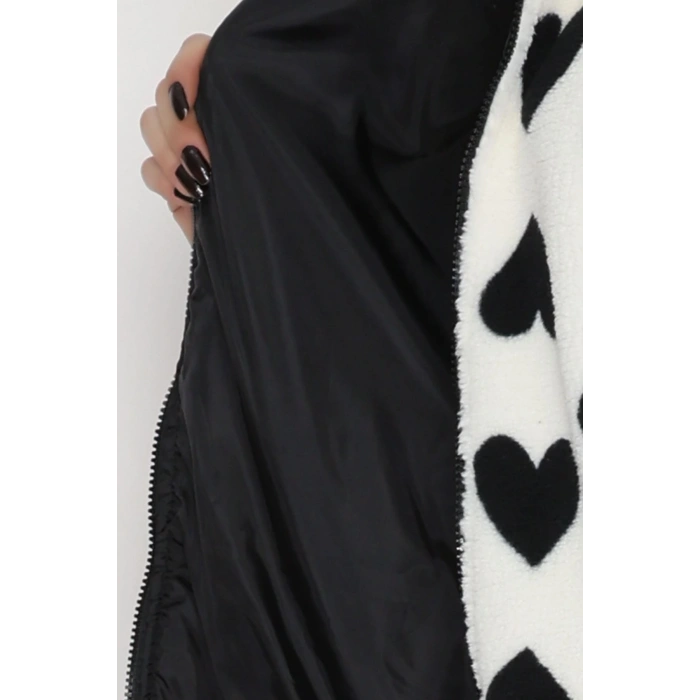 Kapüşonlu Kalpli Peluş Mont Siyah - 31482.1247.