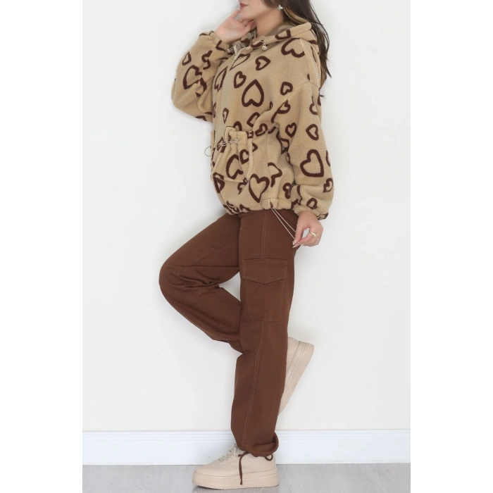 Kapüşonlu Kalpli Peluş Mont Sütlükahve - 31482.1247.