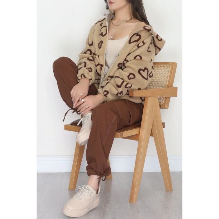 Kapüşonlu Kalpli Peluş Mont Sütlükahve - 31482.1247.