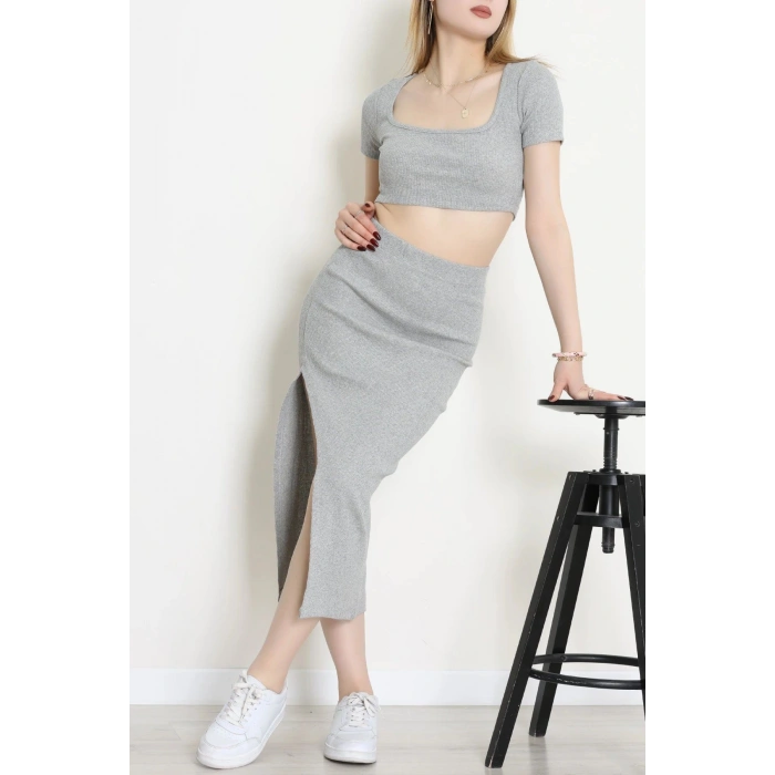 Kare Yaka Crop Etekli Kaşkorse Takım Gri - 71070.1748.