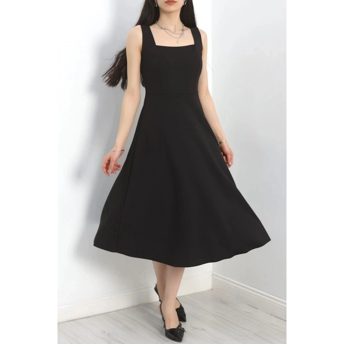 Kare Yaka Midi Elbise Siyah - 583208.1592.