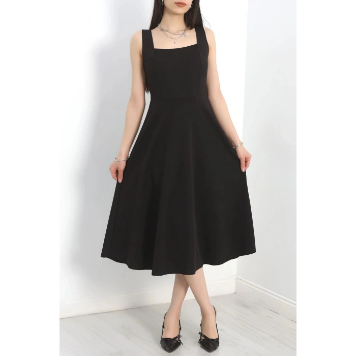 Kare Yaka Midi Elbise Siyah - 583208.1592.