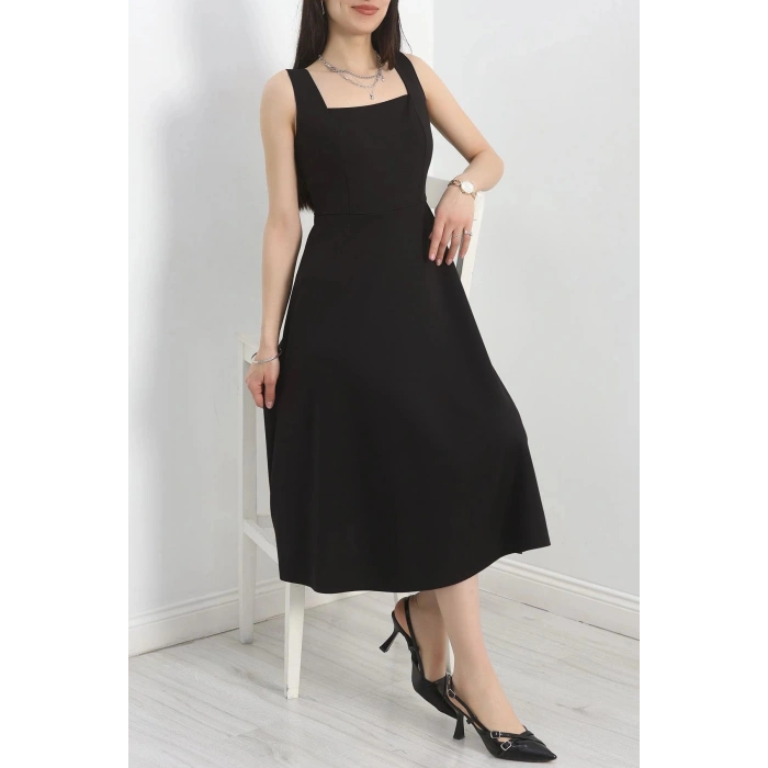 Kare Yaka Midi Elbise Siyah - 583208.1592.