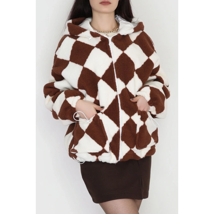 Kareli Kapşonlu Mont Kahve - 4047.1247.