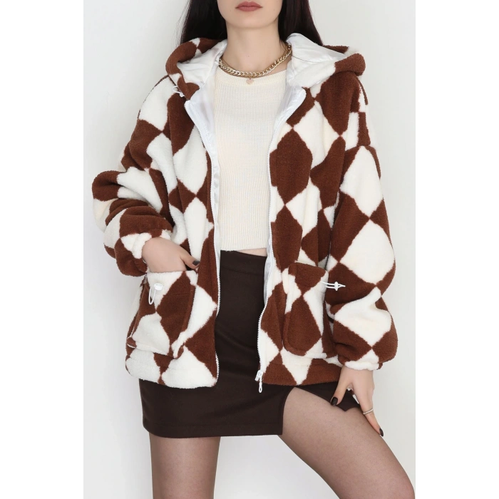 Kareli Kapşonlu Mont Kahve - 4047.1247.