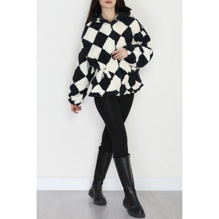 Kareli Kapşonlu Mont Siyah - 4047.1247.