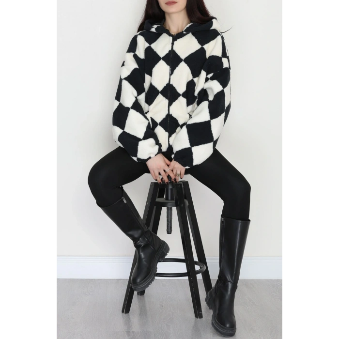 Kareli Kapşonlu Mont Siyah - 4047.1247.