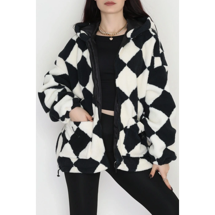 Kareli Kapşonlu Mont Siyah - 4047.1247.