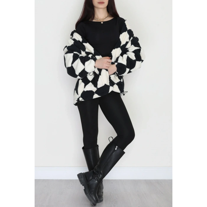 Kareli Kapşonlu Mont Siyah - 4047.1247.