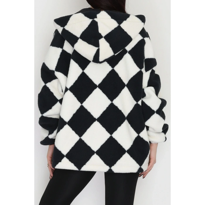 Kareli Kapşonlu Mont Siyah - 4047.1247.