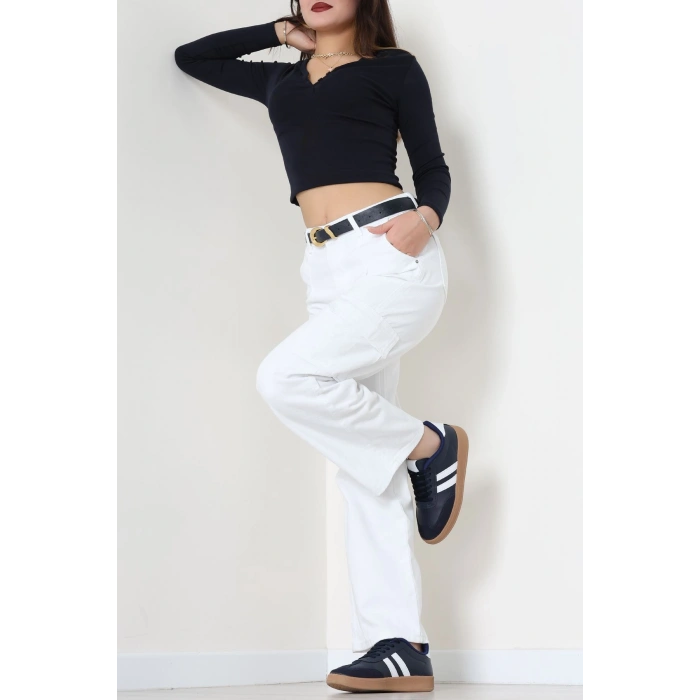 Kargo Cep Palazzo Kot Pantolon Beyaz - 31849.2121.