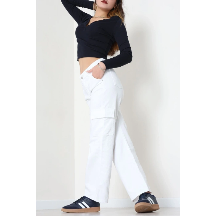 Kargo Cep Palazzo Kot Pantolon Beyaz - 31849.2121.