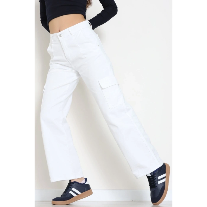 Kargo Cep Palazzo Kot Pantolon Beyaz - 31849.2121.