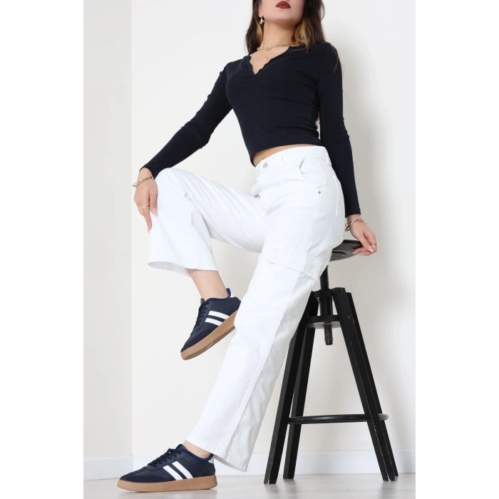 Kargo Cep Palazzo Kot Pantolon Beyaz - 31849.2121.
