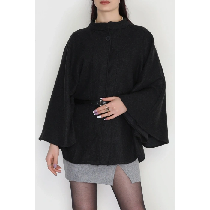 Kaşe Kumaş Kemer Detaylı Panço Füme - 31575.1775.