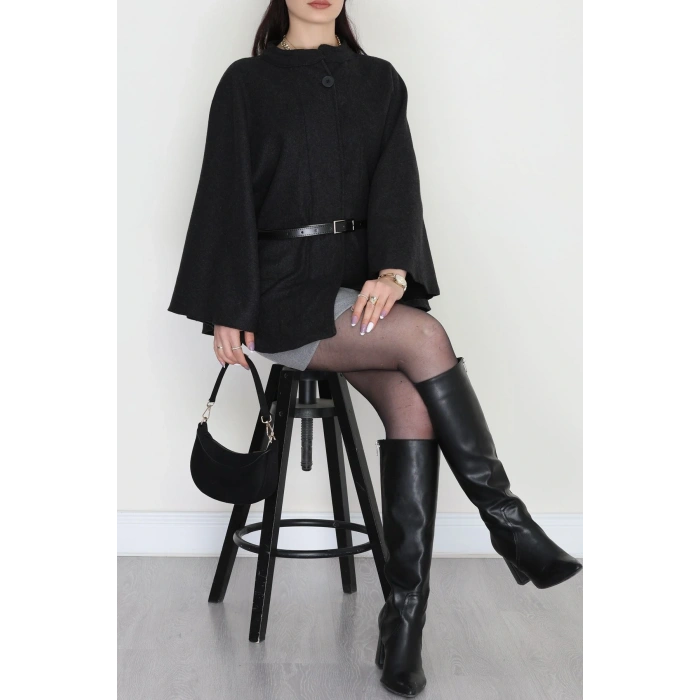 Kaşe Kumaş Kemer Detaylı Panço Füme - 31575.1775.