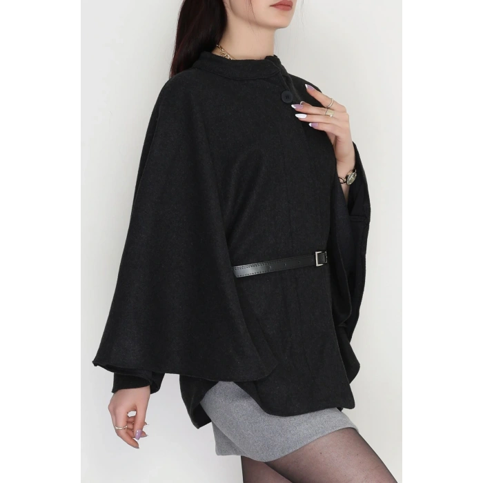 Kaşe Kumaş Kemer Detaylı Panço Füme - 31575.1775.