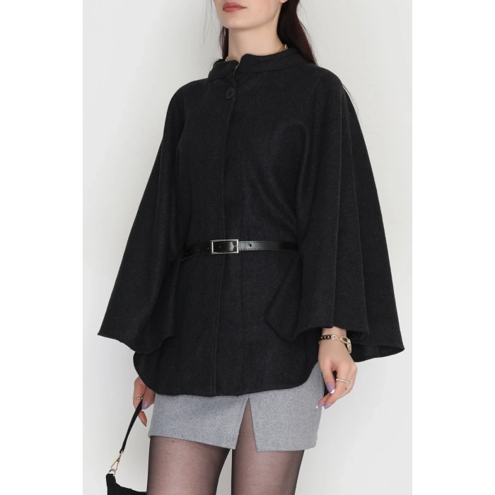 Kaşe Kumaş Kemer Detaylı Panço Füme - 31575.1775.