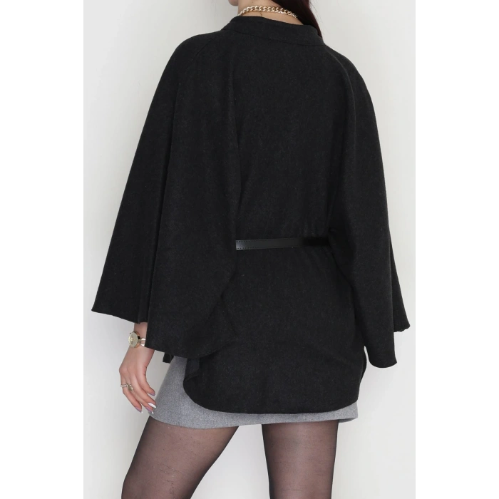 Kaşe Kumaş Kemer Detaylı Panço Füme - 31575.1775.