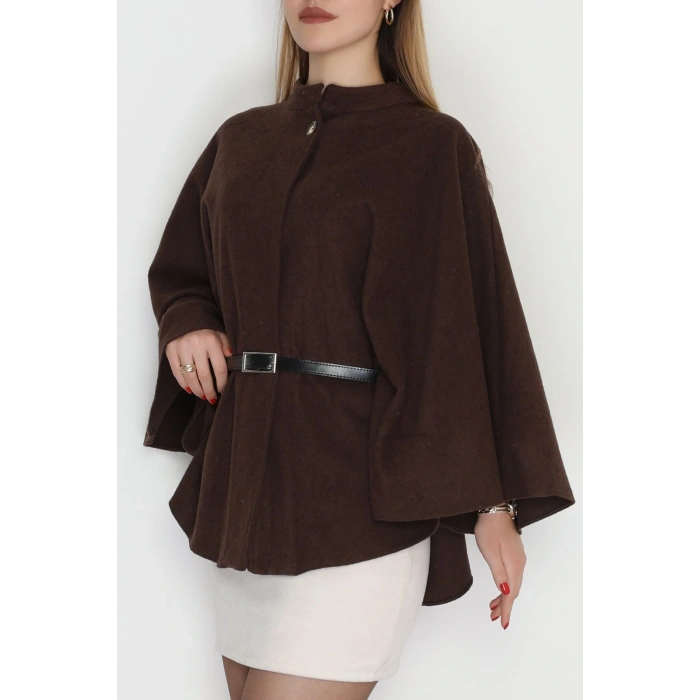 Kaşe Kumaş Kemer Detaylı Panço Kahve - 31575.1775.