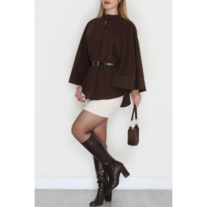 Kaşe Kumaş Kemer Detaylı Panço Kahve - 31575.1775.