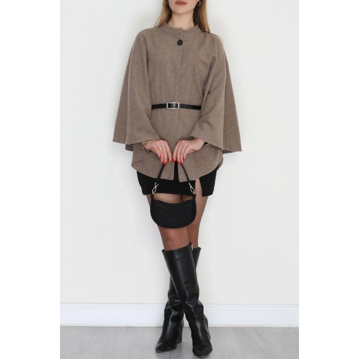 Kaşe Kumaş Kemer Detaylı Panço Vizon - 31575.1775.