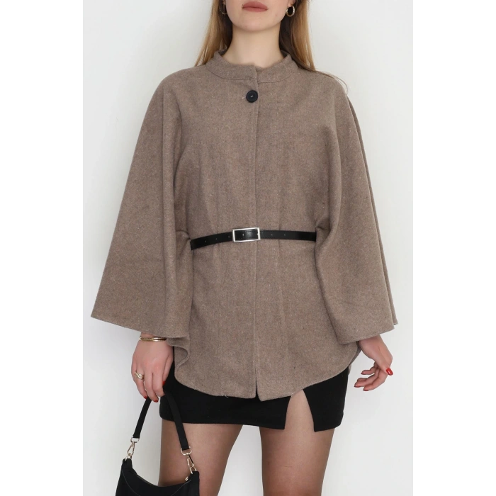 Kaşe Kumaş Kemer Detaylı Panço Vizon - 31575.1775.