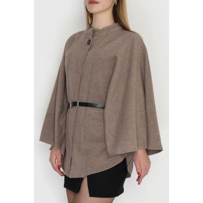 Kaşe Kumaş Kemer Detaylı Panço Vizon - 31575.1775.