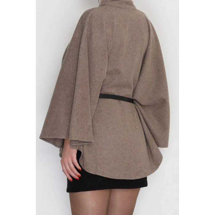 Kaşe Kumaş Kemer Detaylı Panço Vizon - 31575.1775.