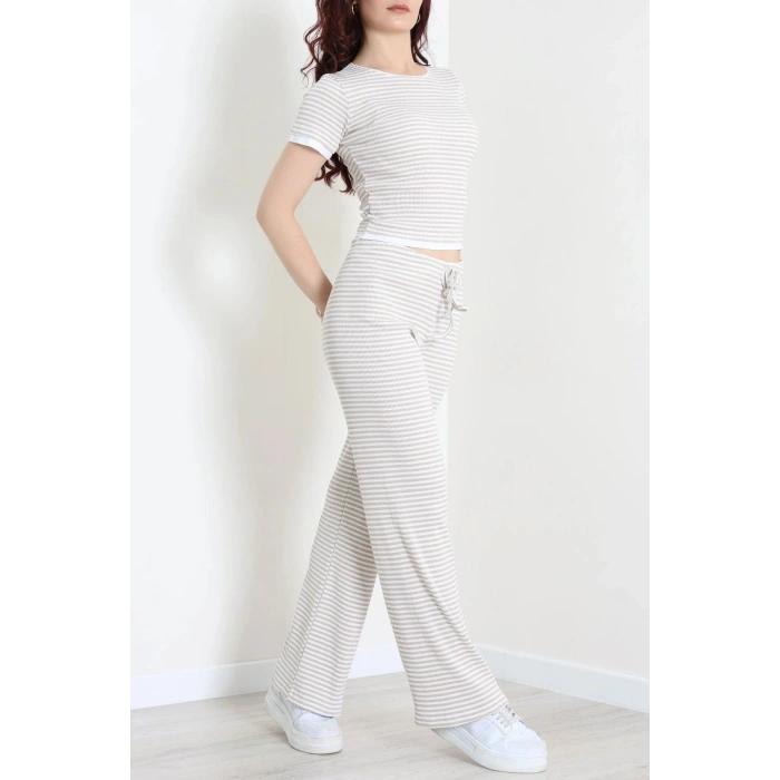 Kaşkorse Çizgili Kısa Kollu Takım Bej - 55147.1567.