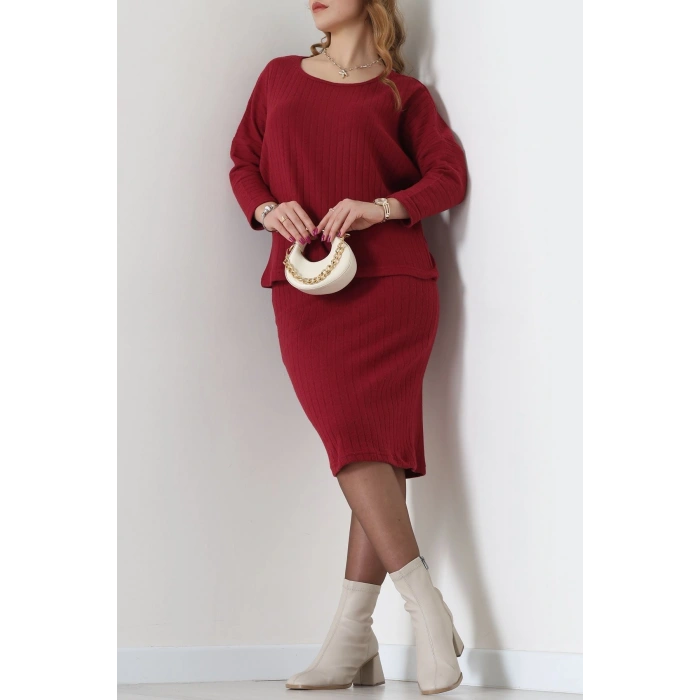 Kaşkorse Kumaş Omuz Düşümlü Midi Boy Etekli Takım Kırmızı - 42800.1567.