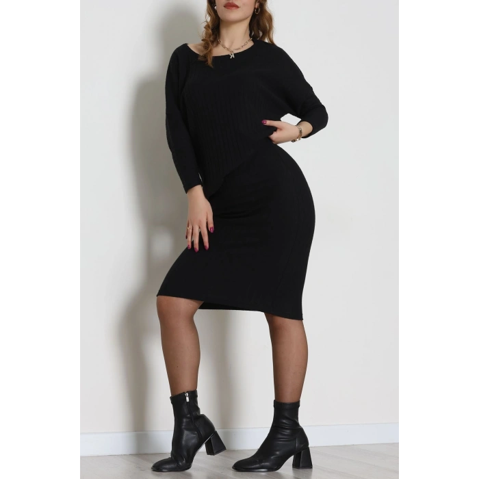 Kaşkorse Kumaş Omuz Düşümlü Midi Boy Etekli Takım Siyah - 42800.1567.