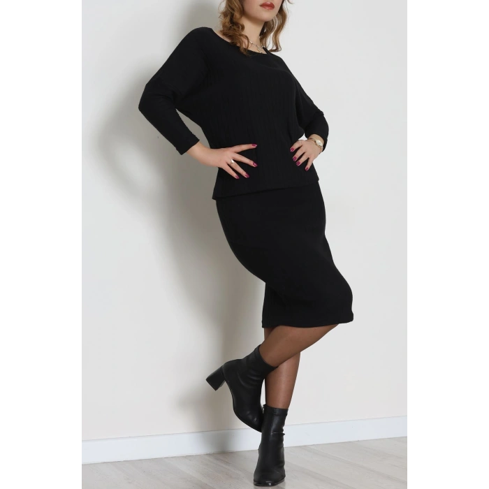 Kaşkorse Kumaş Omuz Düşümlü Midi Boy Etekli Takım Siyah - 42800.1567.