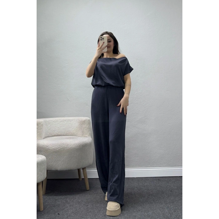 Kayık Yaka Modal Kumaş Kısa Kollu İkili Takım Antrasit - 55093.1567.