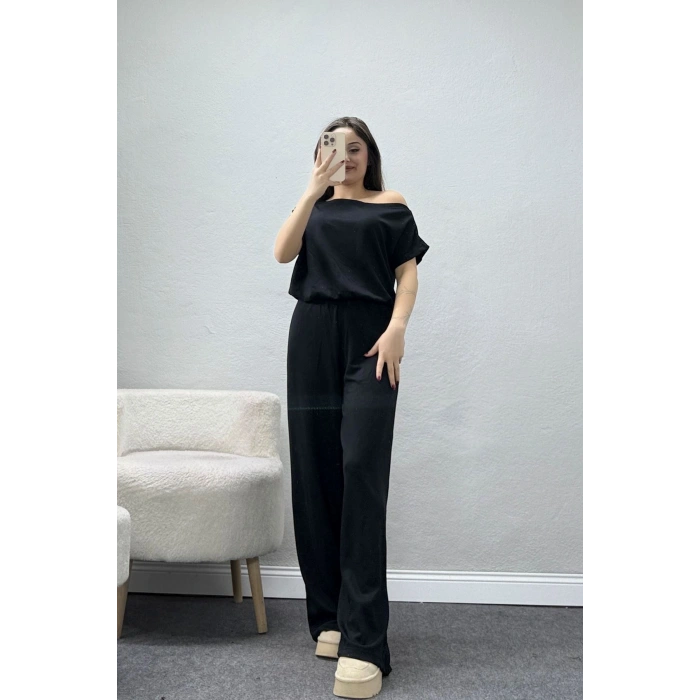 Kayık Yaka Modal Kumaş Kısa Kollu İkili Takım Siyah - 55093.1567.