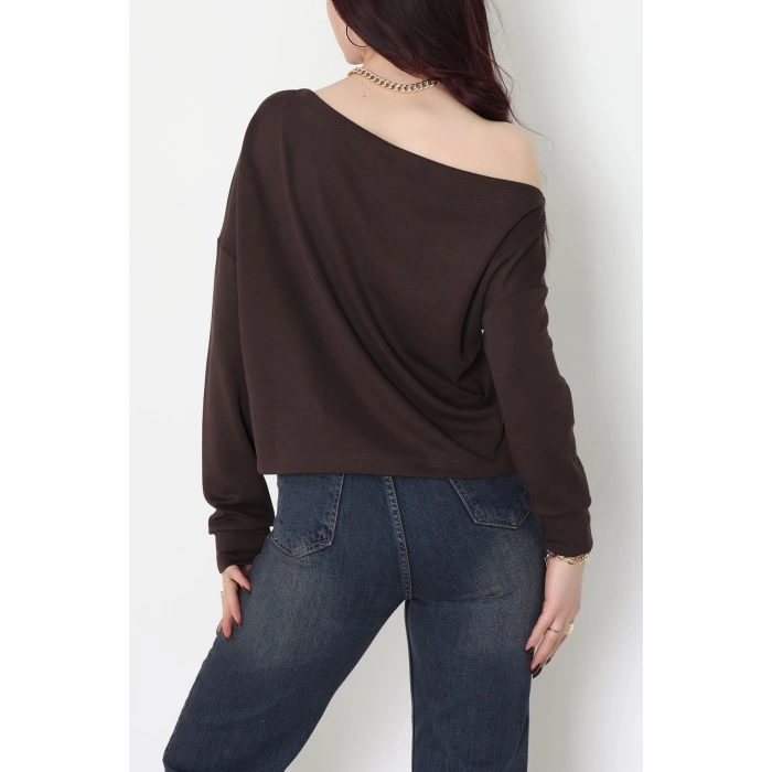 Kayık Yaka Omuz Düşümlü Double Face Kumaş Bluz Acıkahve - 22185.200.