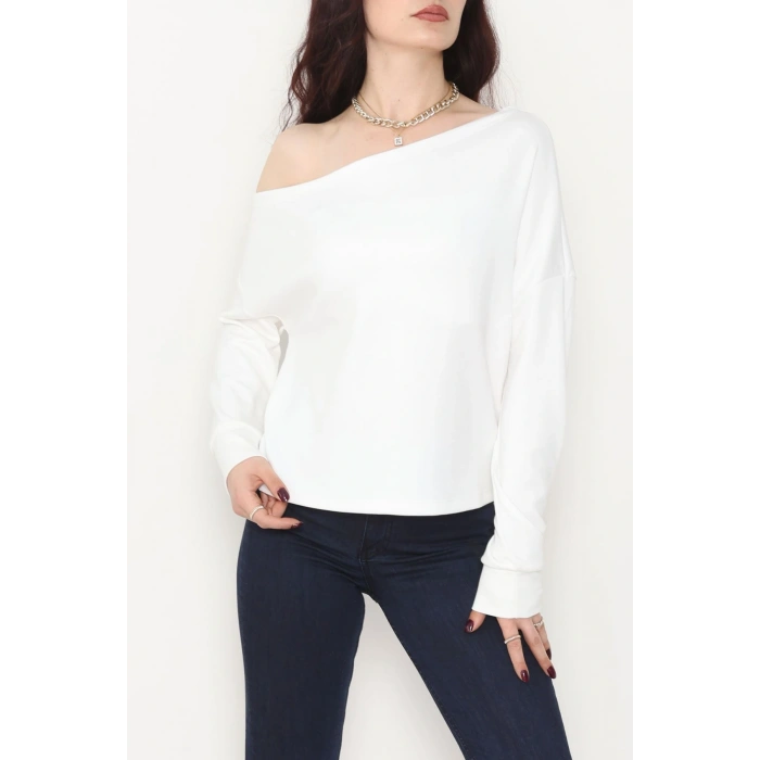 Kayık Yaka Omuz Düşümlü Double Face Kumaş Bluz Ekru - 22185.200.
