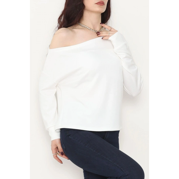 Kayık Yaka Omuz Düşümlü Double Face Kumaş Bluz Ekru - 22185.200.