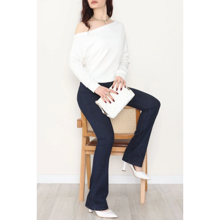 Kayık Yaka Omuz Düşümlü Double Face Kumaş Bluz Ekru - 22185.200.