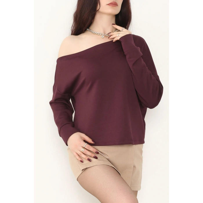 Kayık Yaka Omuz Düşümlü Double Face Kumaş Bluz Mürdüm - 22185.200.