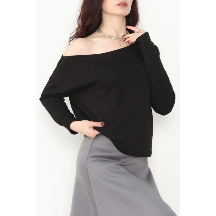 Kayık Yaka Omuz Düşümlü Double Face Kumaş Bluz Siyah - 22185.200.