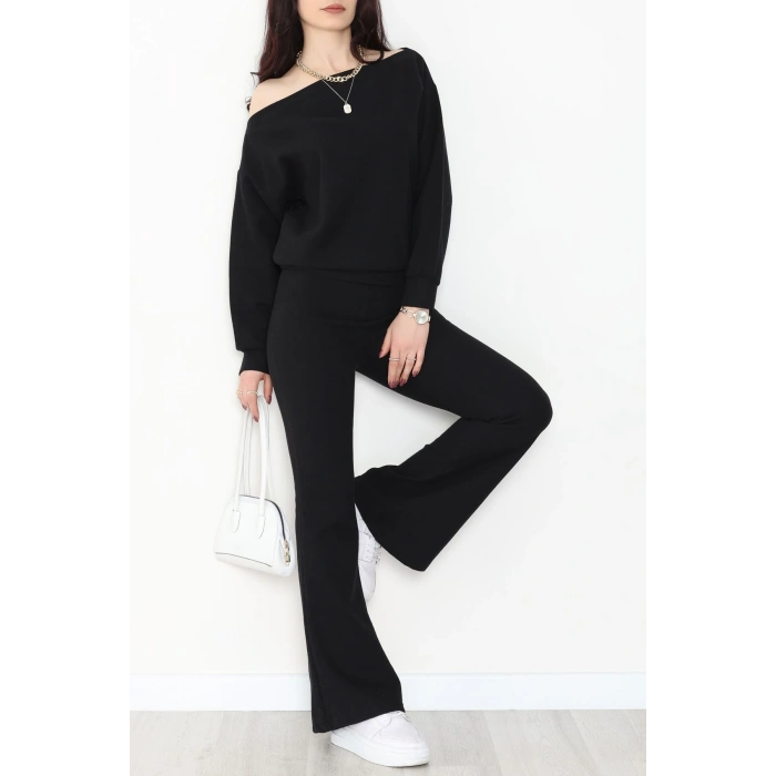 Kayık Yaka Selanik Kumaş İkili Takım Siyah - 42739.1567.