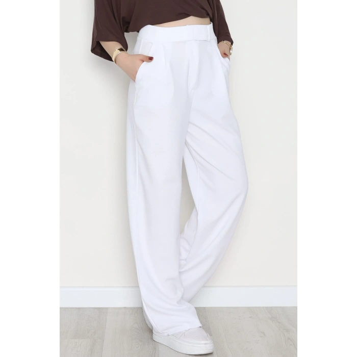 Kemer Cırtlı Krep Pantolon Beyaz - 20255.1865.