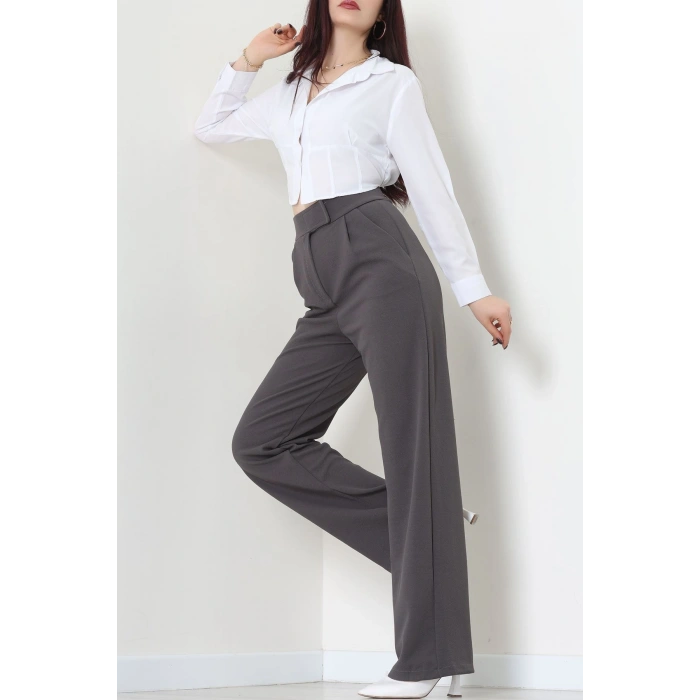 Kemer Cırtlı Krep Pantolon Koyufüme - 20255.1865.