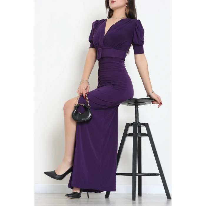 Kemer Detaylı Sandy Elbise Mürdüm - 582464.1592.