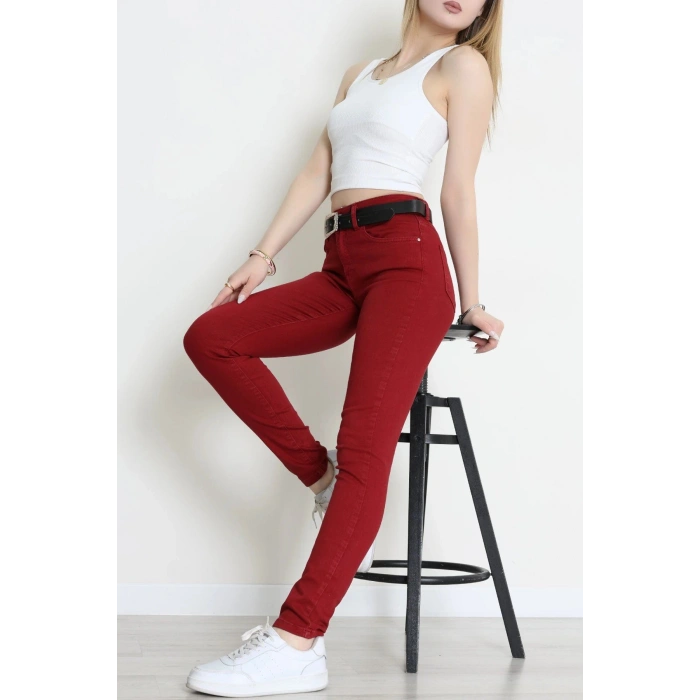 Kemerli Dar Paça Kot Pantolon Bordo - 2287716.1968.